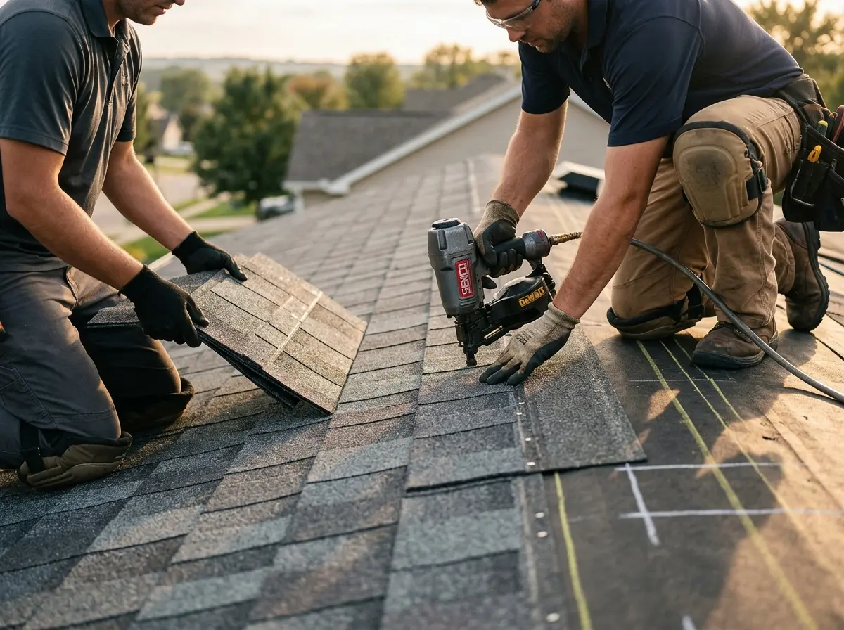 Professional roofer working on a residential roof in Onondaga